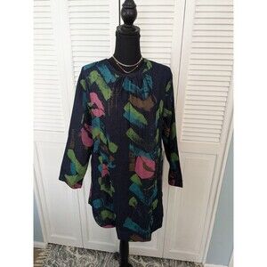 Qiobasor Top Womens XL Multi Painted Denim Art to Wear Artsy Colorful Tunic Pink